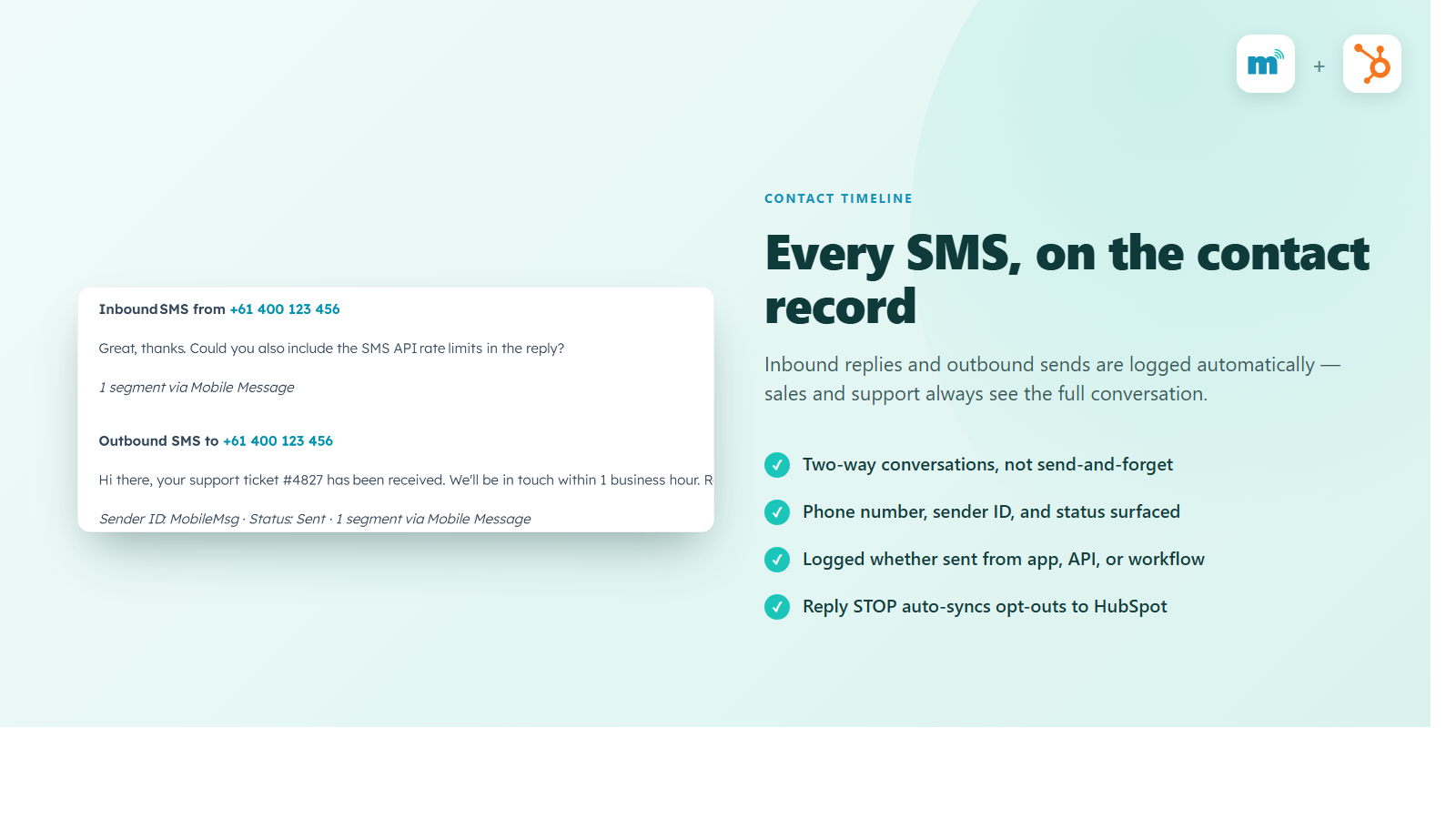 Two-way contact sync and SMS timeline logging in HubSpot