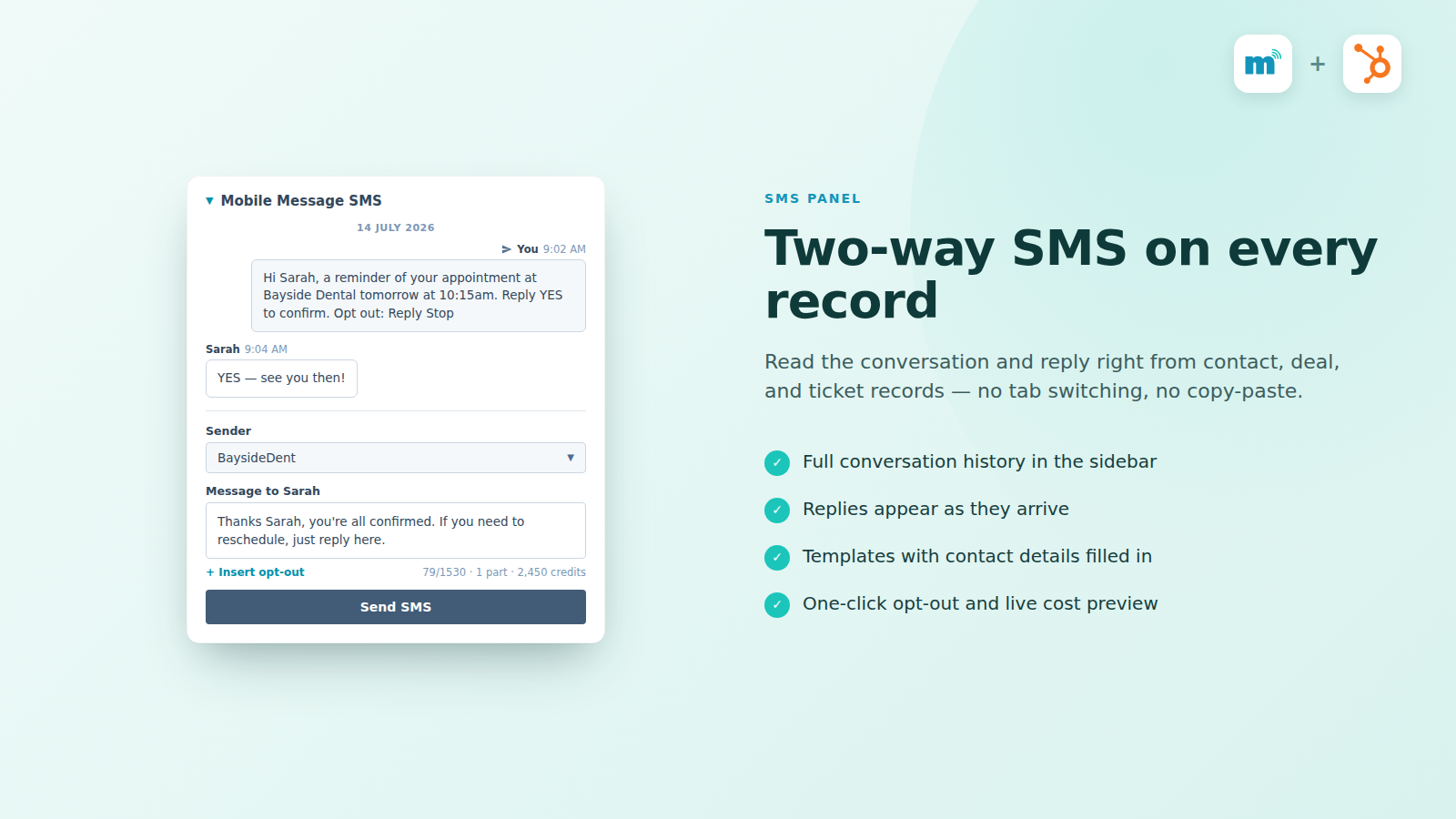 SMS conversation panel on a HubSpot contact record
